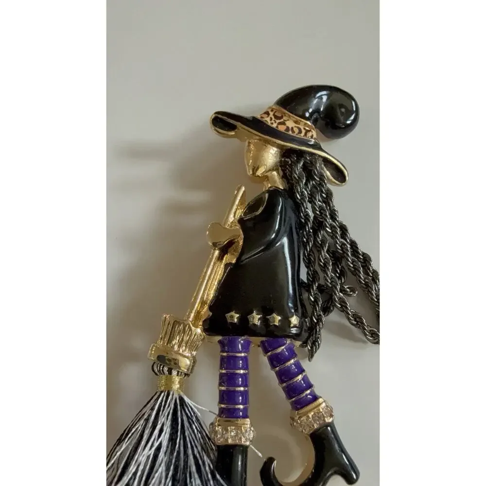 Funky Witch Brooch Pin Black Enamel Purple Rhinestone Broom Halloween Jewelry
